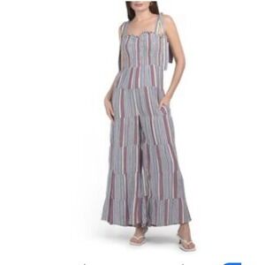 Storia Striped Smocked Jumpsuit Tie Strap Tiered Wide Leg Boho Chic